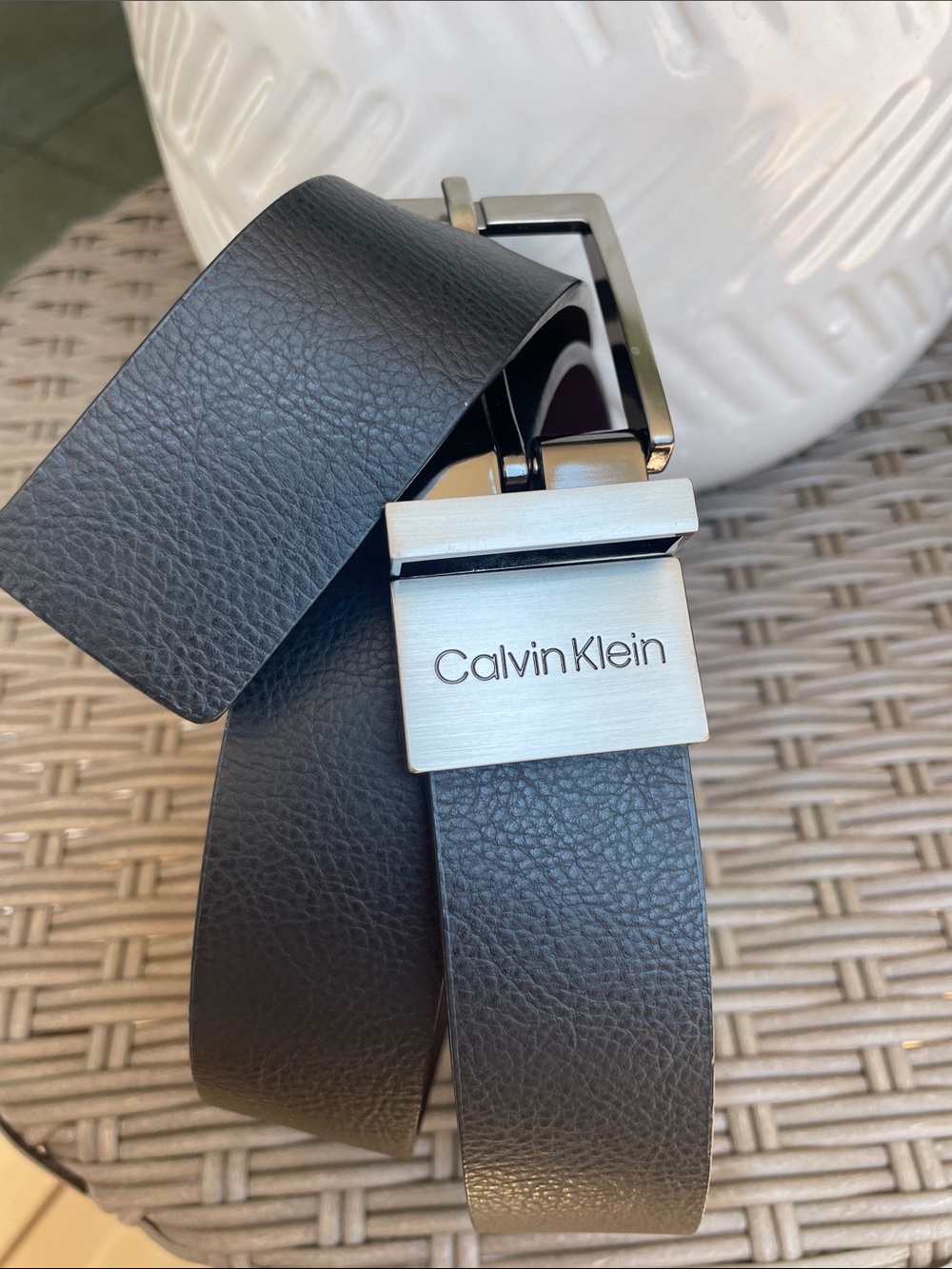 Calvin Klein Black Leather Belt with Brushed Silver Buckle